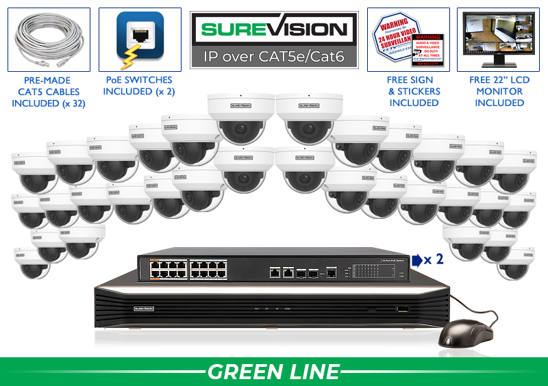 Vandal Dome 32 Camera 2MP IP Network Video Recording System / 32IPED2-N