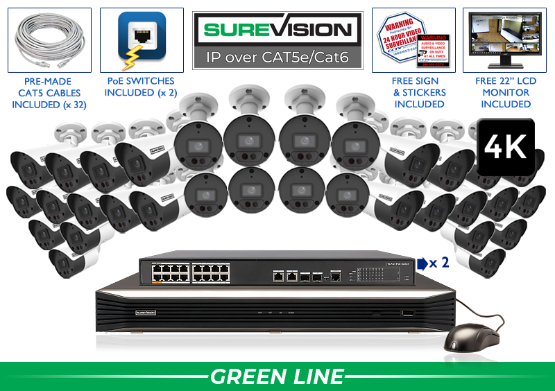 Featured 4K Security Camera System with 32 Cameras - Microphone - Color Night Vision / 32IPBA8-N