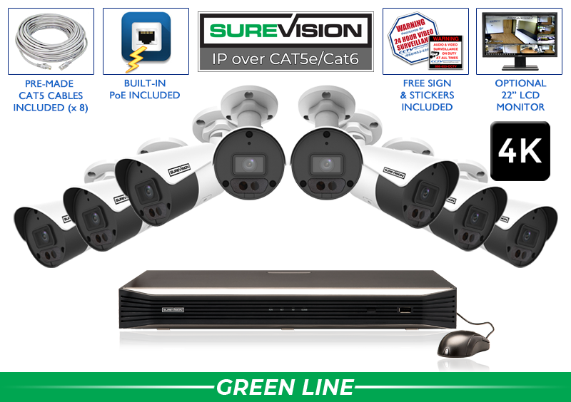 Bullet Security Camera System - 8 4K Cameras - 16 Channel Network Video Recorder / 8IPBA8-N
